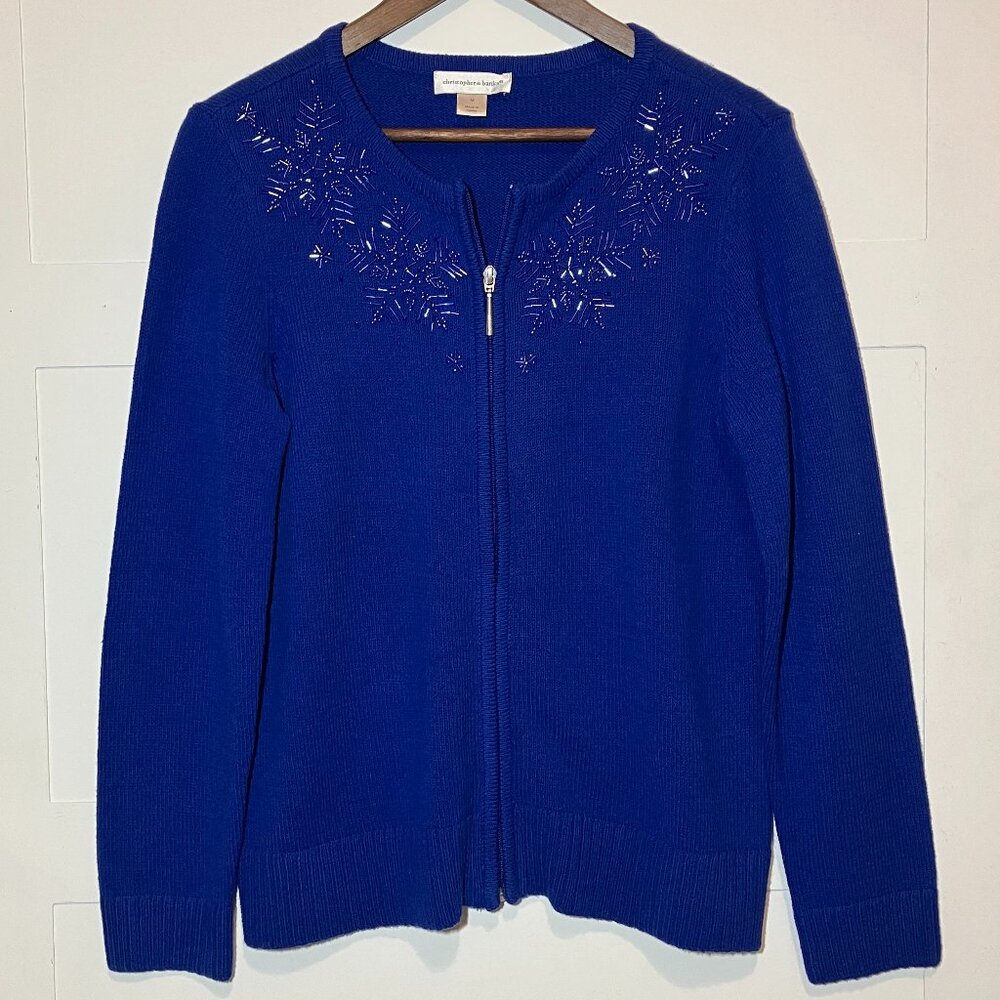 Christopher & Banks Blue Beaded Snowflake Full Zip Sweater Women's Medium Whimsy